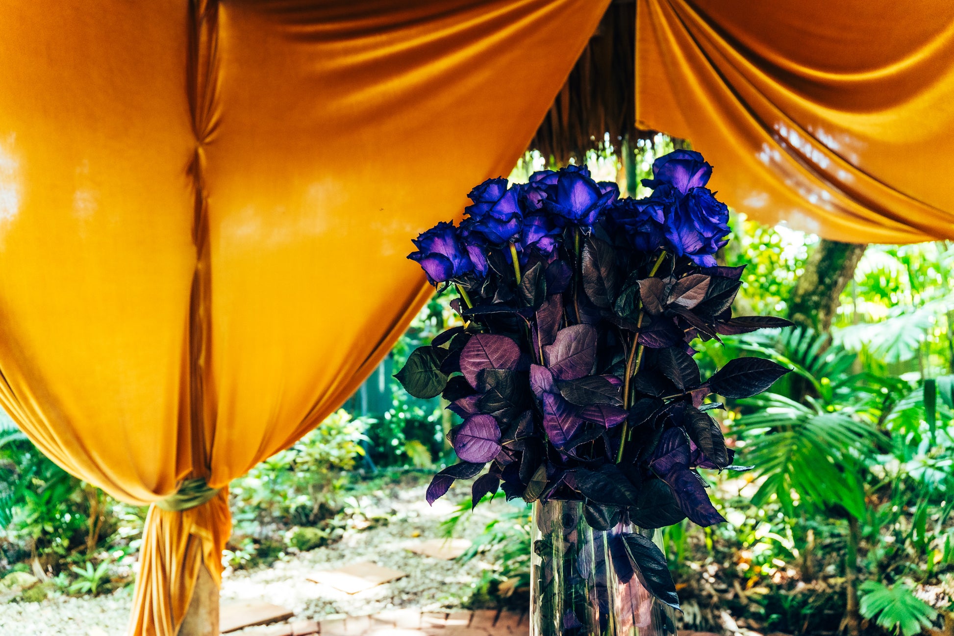 Bouquet of purple flowers in a vase against a yellow fabric backdrop with green foliage.