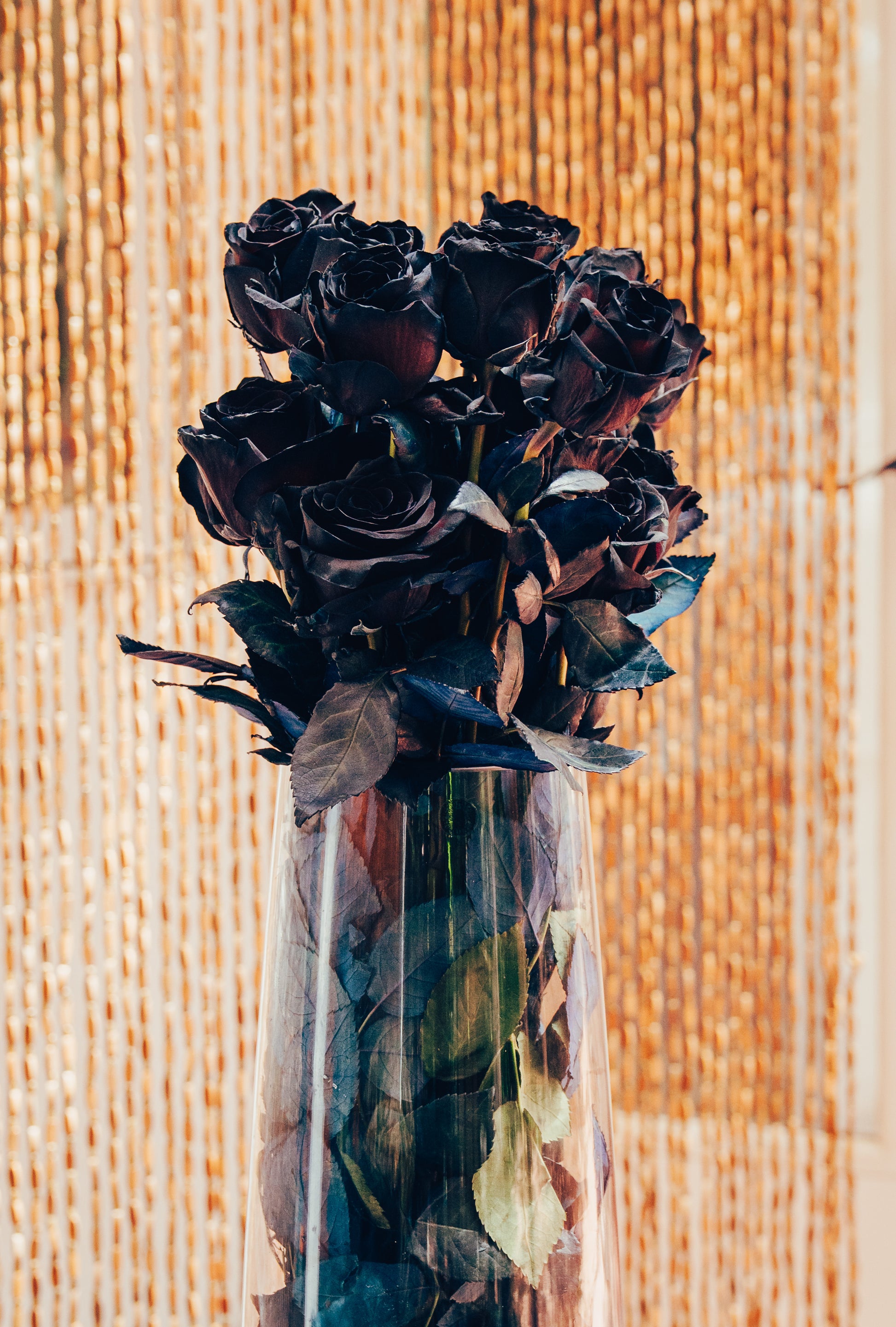 Bouquet of black roses in a clear vase against a woven background