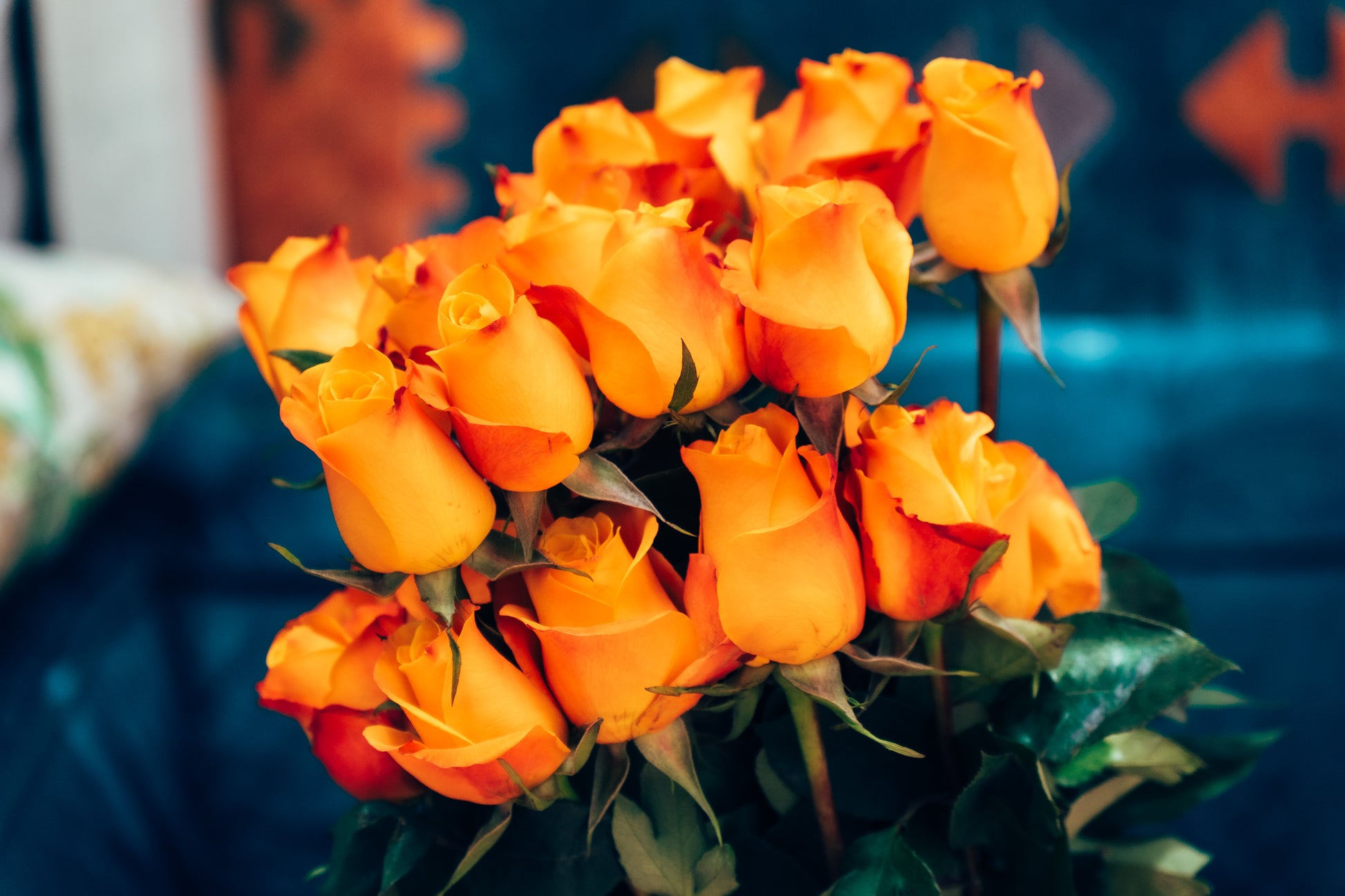 Bouquet of orange roses with a blurred background