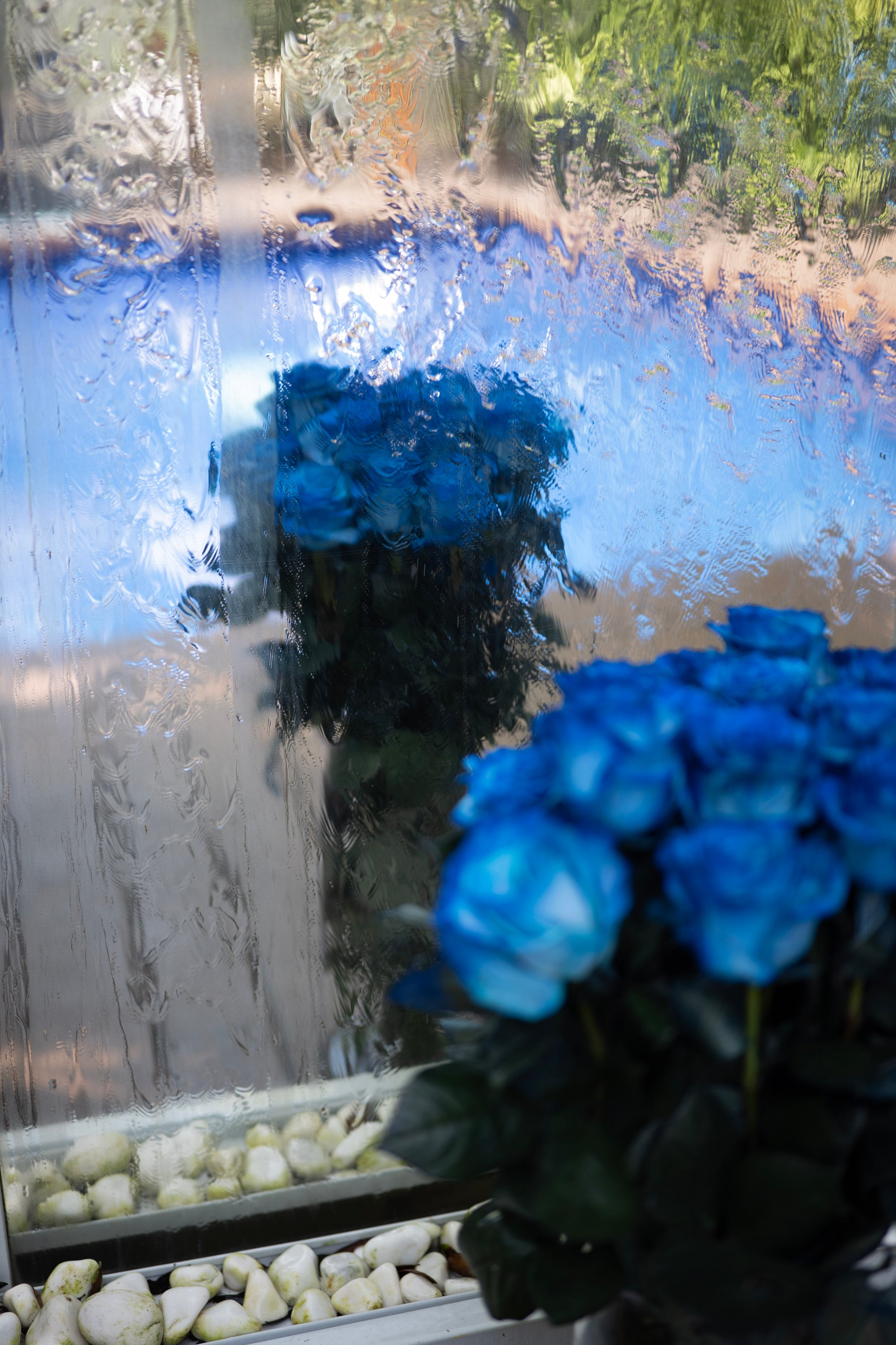 Blue flowers in a vase with a mirror background