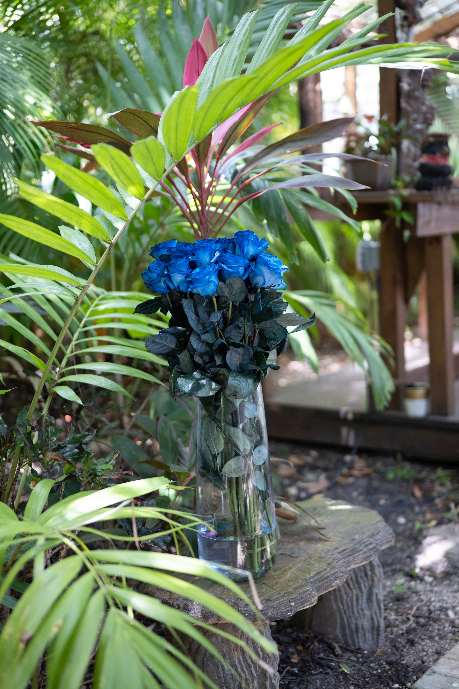 Bouquet of blue roses in a clear vase on a stone surface with greenery in the background