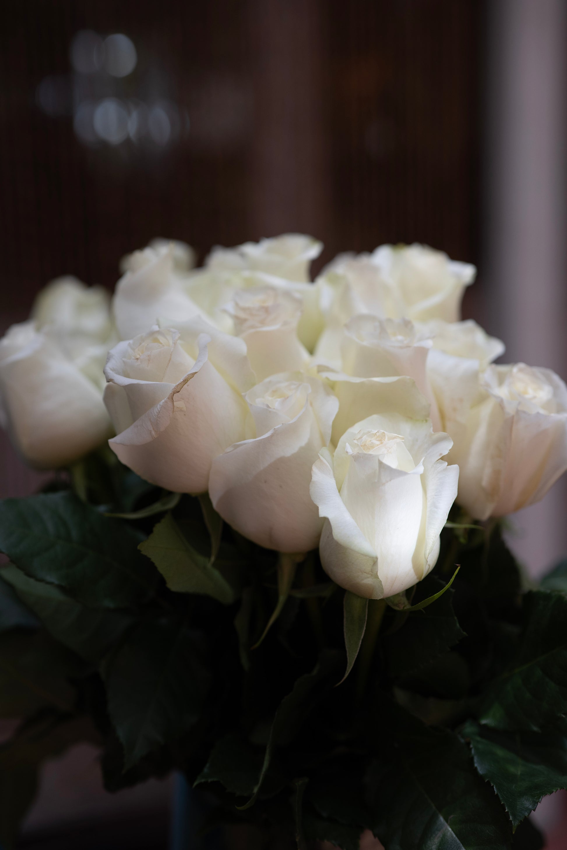 Bouquet of white roses with a blurred background