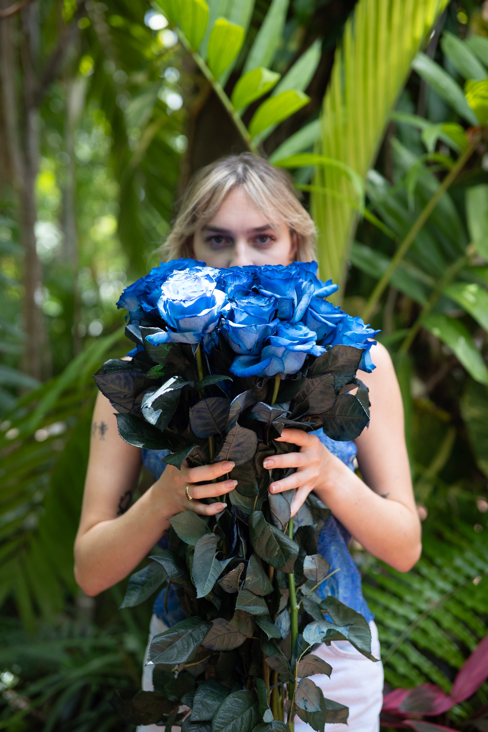 Person holding blue roses against a green leafy background